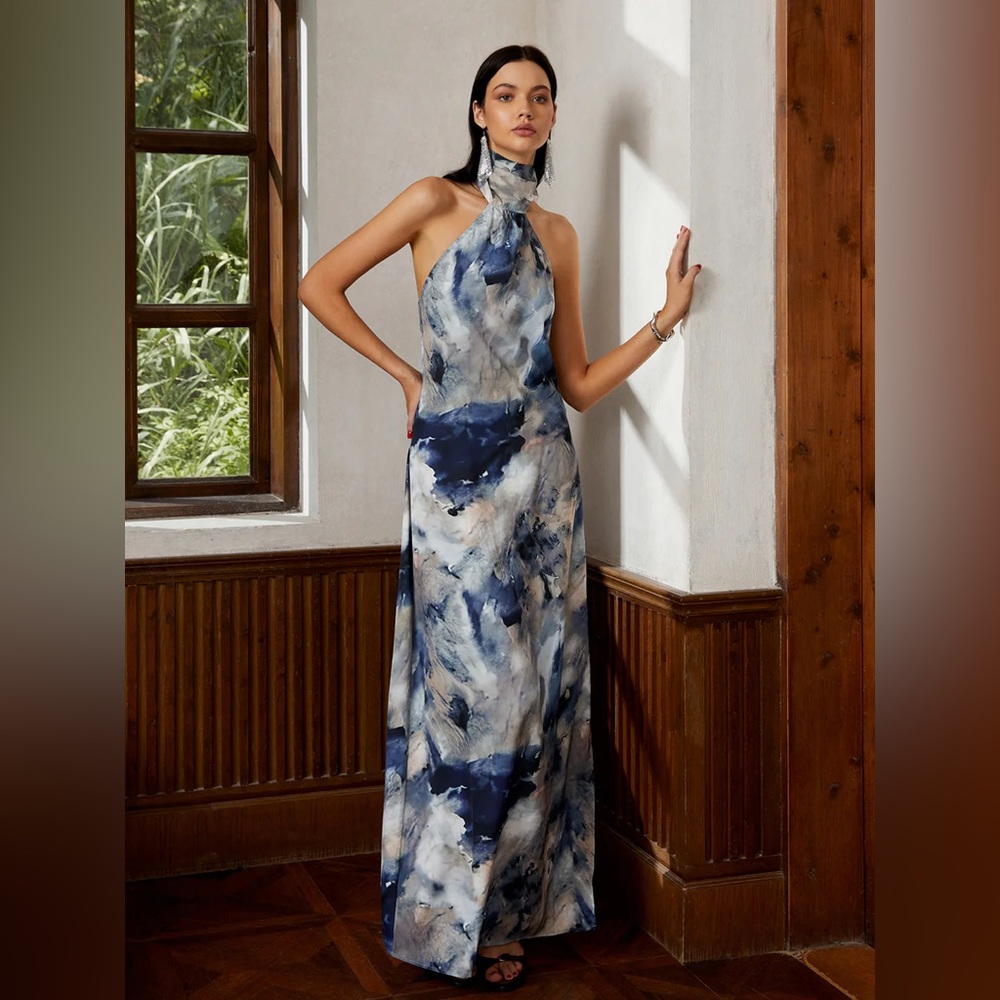 Commense Love Era Tie Dye Satin Halter Long Dress